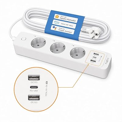 Multiprise Connectée WiFi, 3 prises indépendantes et 3 ports USB charge rapide (1 Type C+2 Type A), 10A Type F, compatible avec HomeKit, Alexa et Google Home, Contrôler l'aquarium, Tapo P300