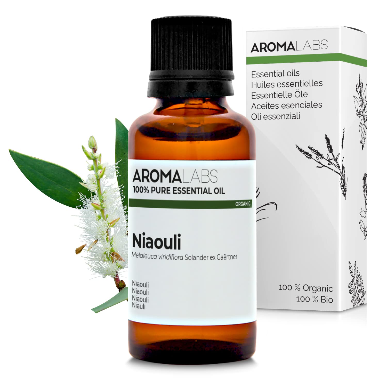Aroma Labs - Niaouli Essential Oil - Ecocert Organic Certification - 100% Pure, Natural, Uncut - Guaranteed Chemotype and Biochemical Composition - Eco-Friendly Packaging Made in France - 30ml