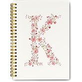 QROZIAR Pink Cute Spiral Notebook Journal, Preppy Floral Initial Letter K Personalized Journaling Notebooks, Monogrammed Gifts for Women Girls, Botanical Hardcover Spiral Lined Notebook 5.5 x 8.3