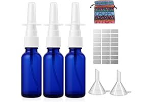Nasal Spray Bottles 3 Pcs – 30ml/1oz Refillable Cobalt Blue Glass Fine Mist Atomizers with Funnels, Waterproof Labels & Trave