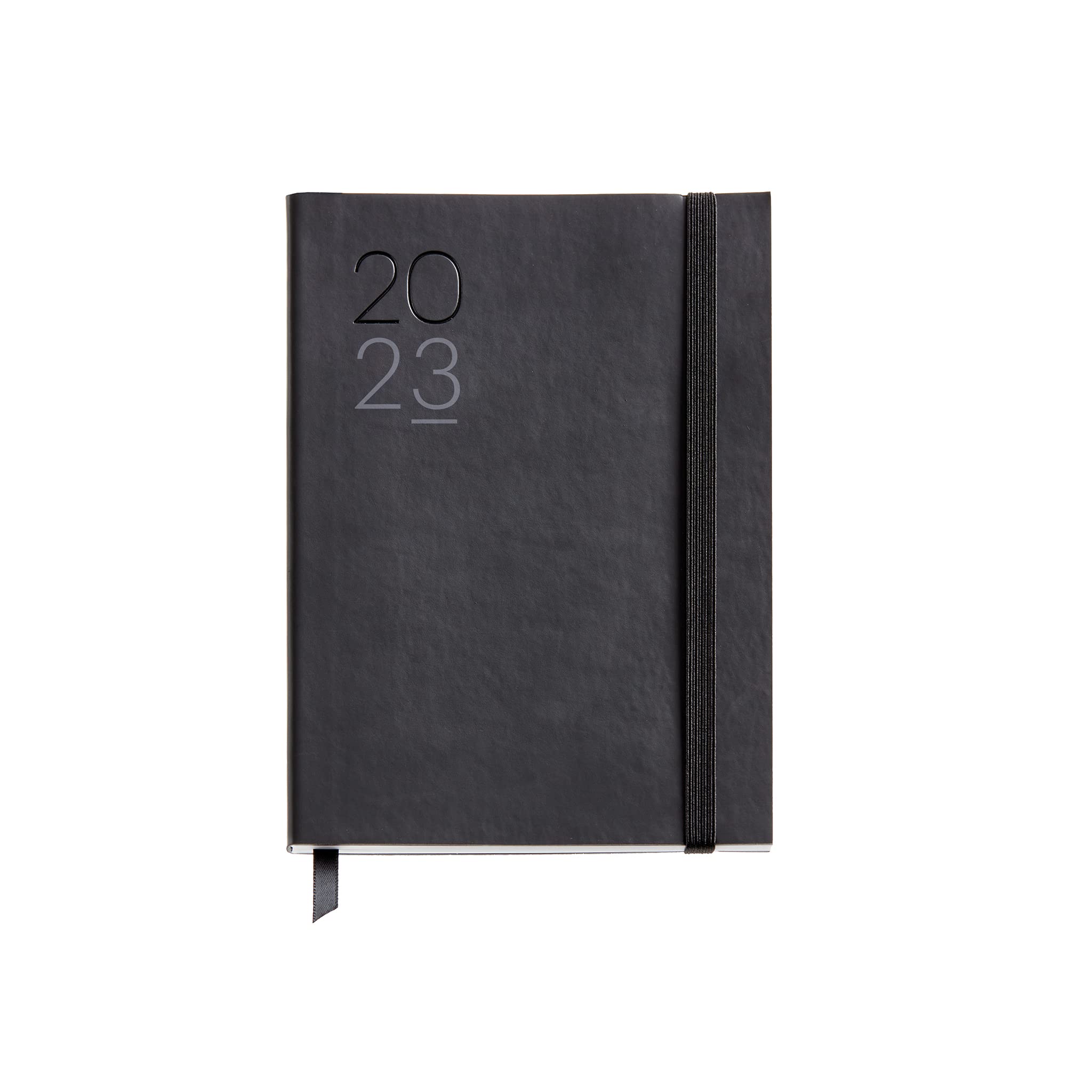 Miquelrius - 2023 Year Planner - Horizontal Week to View - Journal Size 122 x 168 mm - Flexible Stitched Leather Cover - Spanish, English and Portuguese - Black