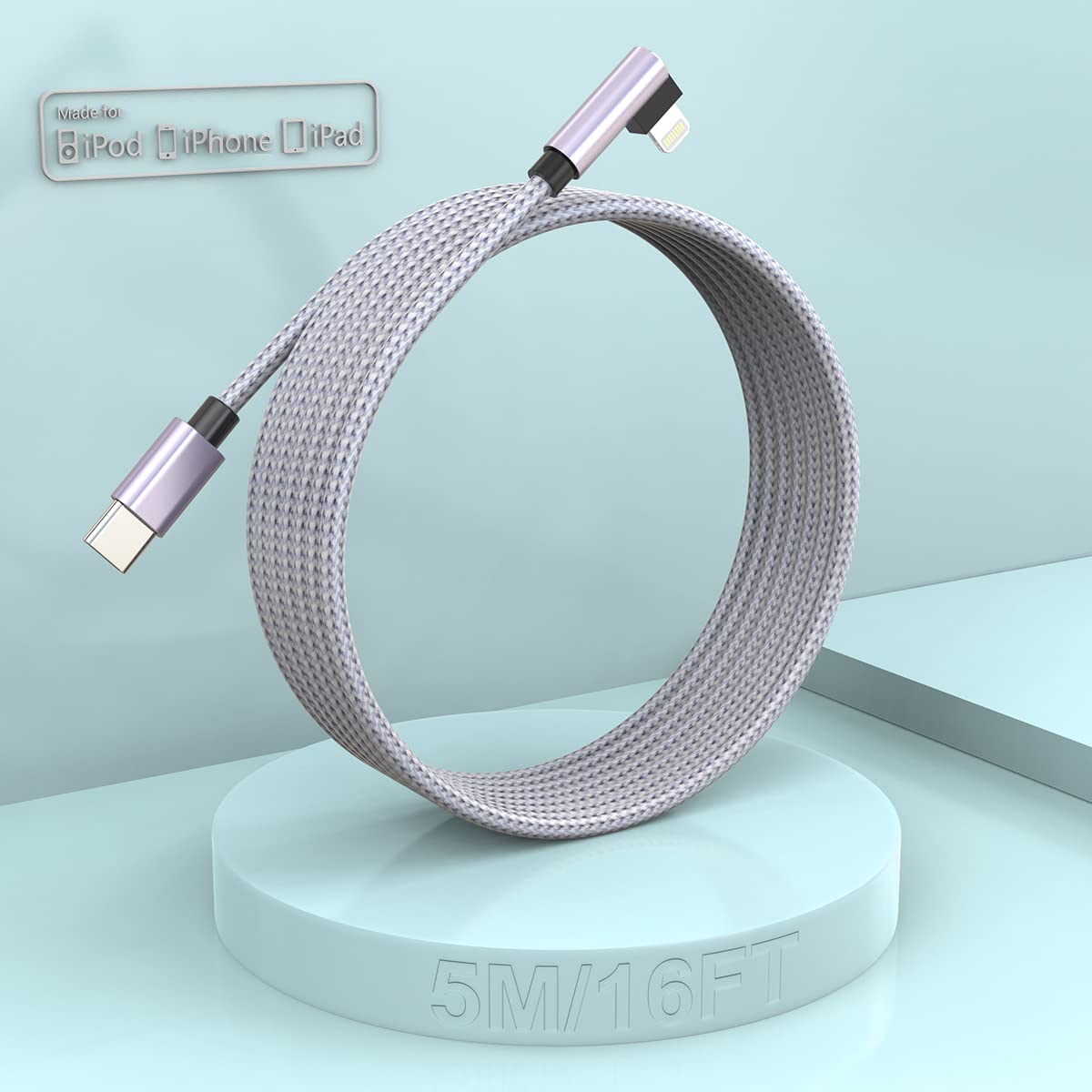 Quanlex iPhone Charging Cable 5m, Long, Apple MFi Certified, Original Lightning to USB-C Cable, Fast Charge 16ft 90 Angle for 13/12/11/XS/XSMax/XR/X/8/7 Plus/6/6s Plus SE