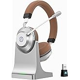 Wireless Headset with Mic for Work, Bluetooth Headset with Noise Cancelling Mic for Clear Calls, Bluetooth V5.3 Headphones with Mic Mute & USB Dongle, Charging Base for PC/Laptop/Phones/Call Center