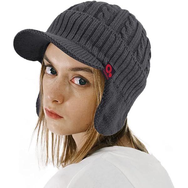 Winter Visor Beanie with Ear Flaps | Knit Hunting Trapper Hat with
