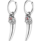 HZMAN Wolf Tooth Dangle Drop Earring for Men Stainless Steel Gothic Animal Earring Hinged Huggie Hoop Earring Jewelry Gift