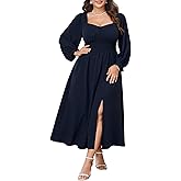 Plus Size Maxi Dresses for Curvy Women Long Sleeve Sweetheart Neckline Smocked Fall Wedding Guest Cocktail Dress Slit