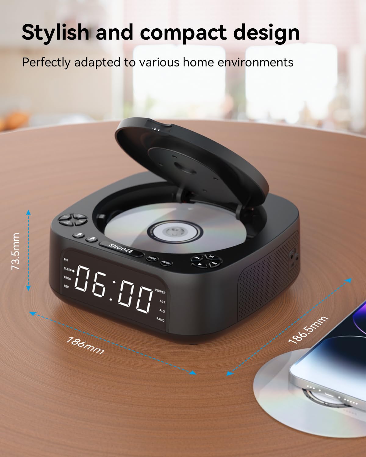 CD Player Portable,MONODEAL CD Players for Home,Desktop Portable CD Player with Bluetooth Speakers,Wireless Charging,Alarm Clock,SleepTimer,Supports CD/Bluetooth/FM Radio/USB Drive/AUX,Remote Control