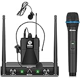 D Debra Audio AU200 Pro UHF 2 Channel Wireless Microphone System with Cordless Handheld Lavalier Headset Mics, Metal Receiver, for Karaoke Church Party (1 Handheld & 1 Bodypack)