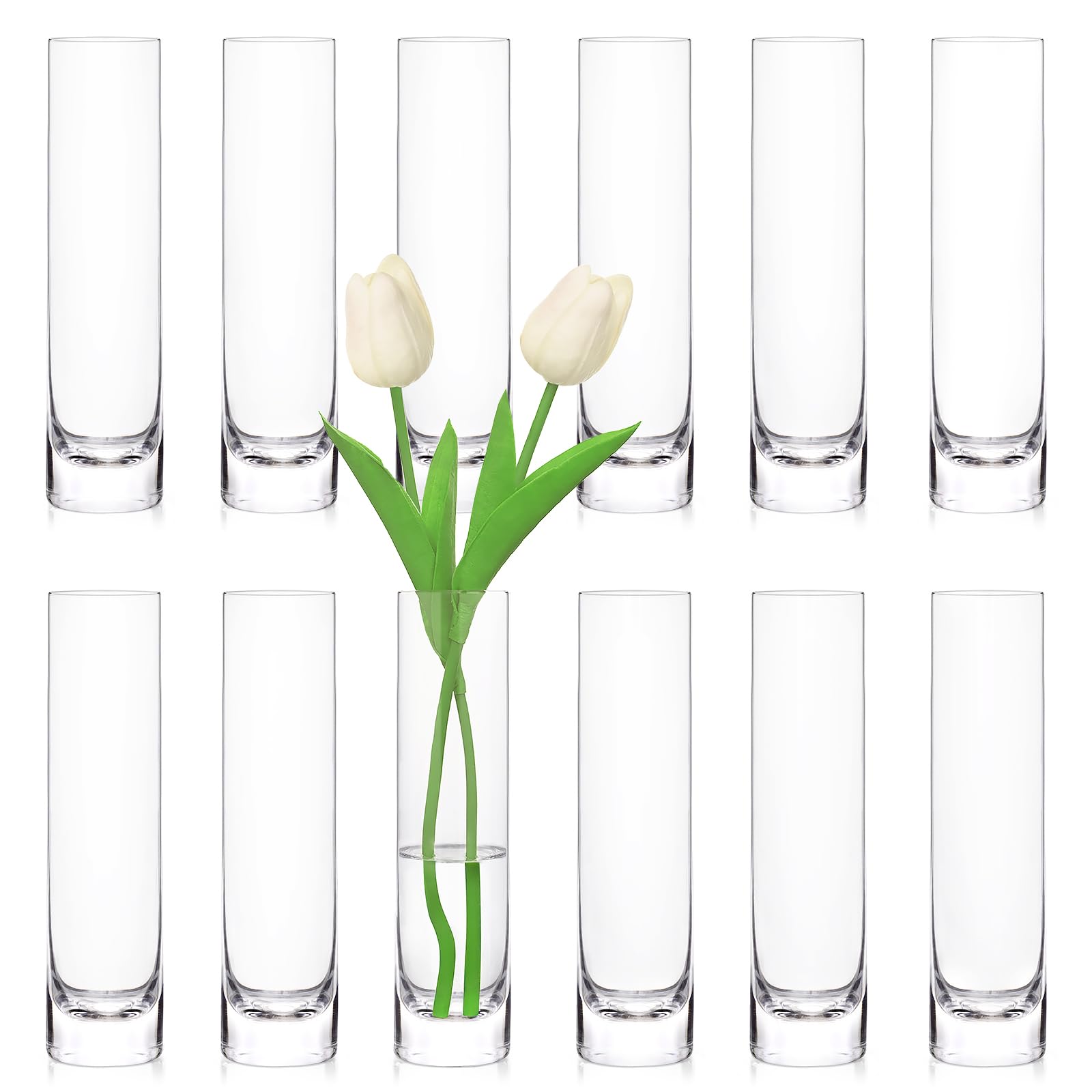 Photo 1 of 12 Pack Glass Cylinder Bud Vases - Clear Slim Flower Vases Set for Wedding Table Decor - 7.5 Inches Tall Flowers Holder Home Decor for Centerpieces - Small Vase for Party Decorations