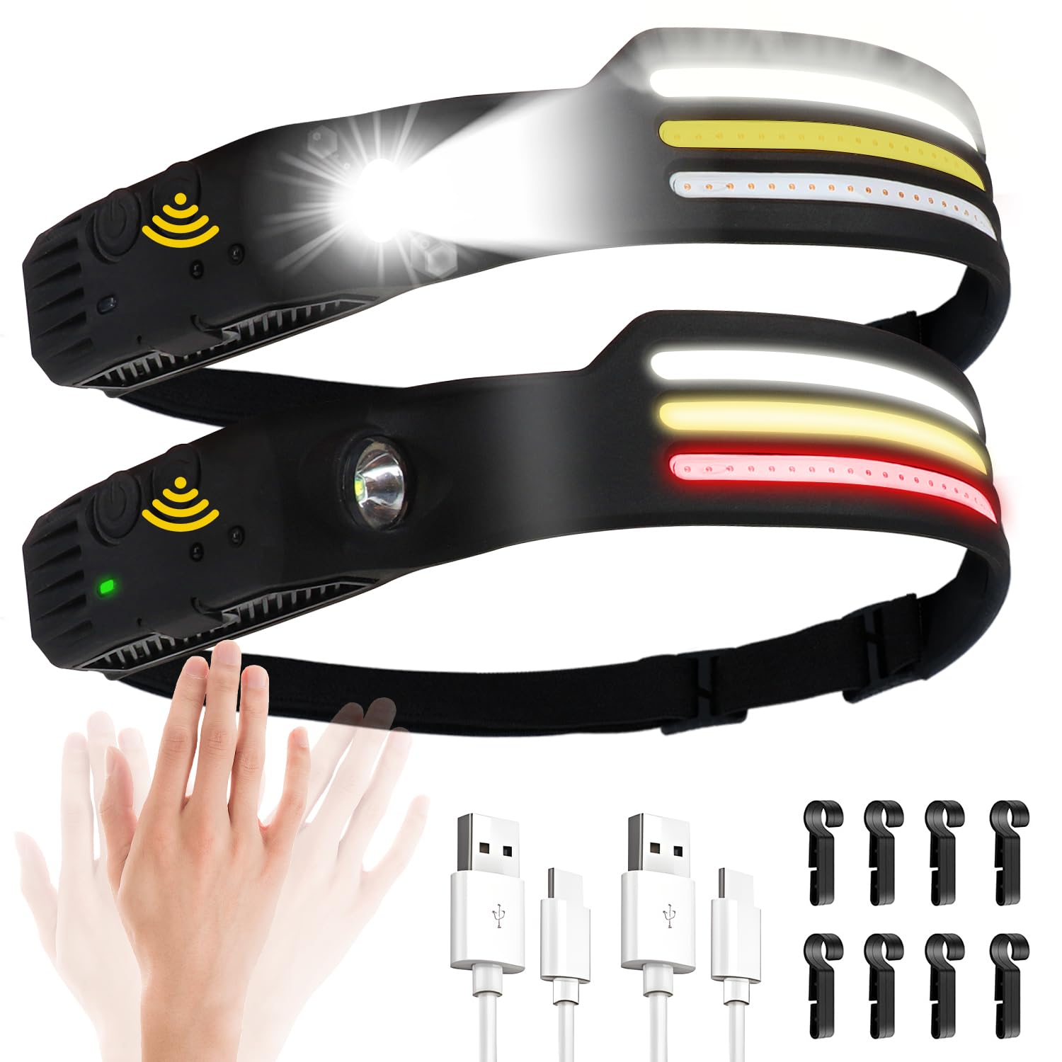 2 Packs Head Torch Rechargeable, Super Bright COB LED Head Torch 8 Lighting Modes Headlamp with Motion Sensor IPX4 Waterproof Lightweight Running Headlight for Running Cycling Camping Fishing