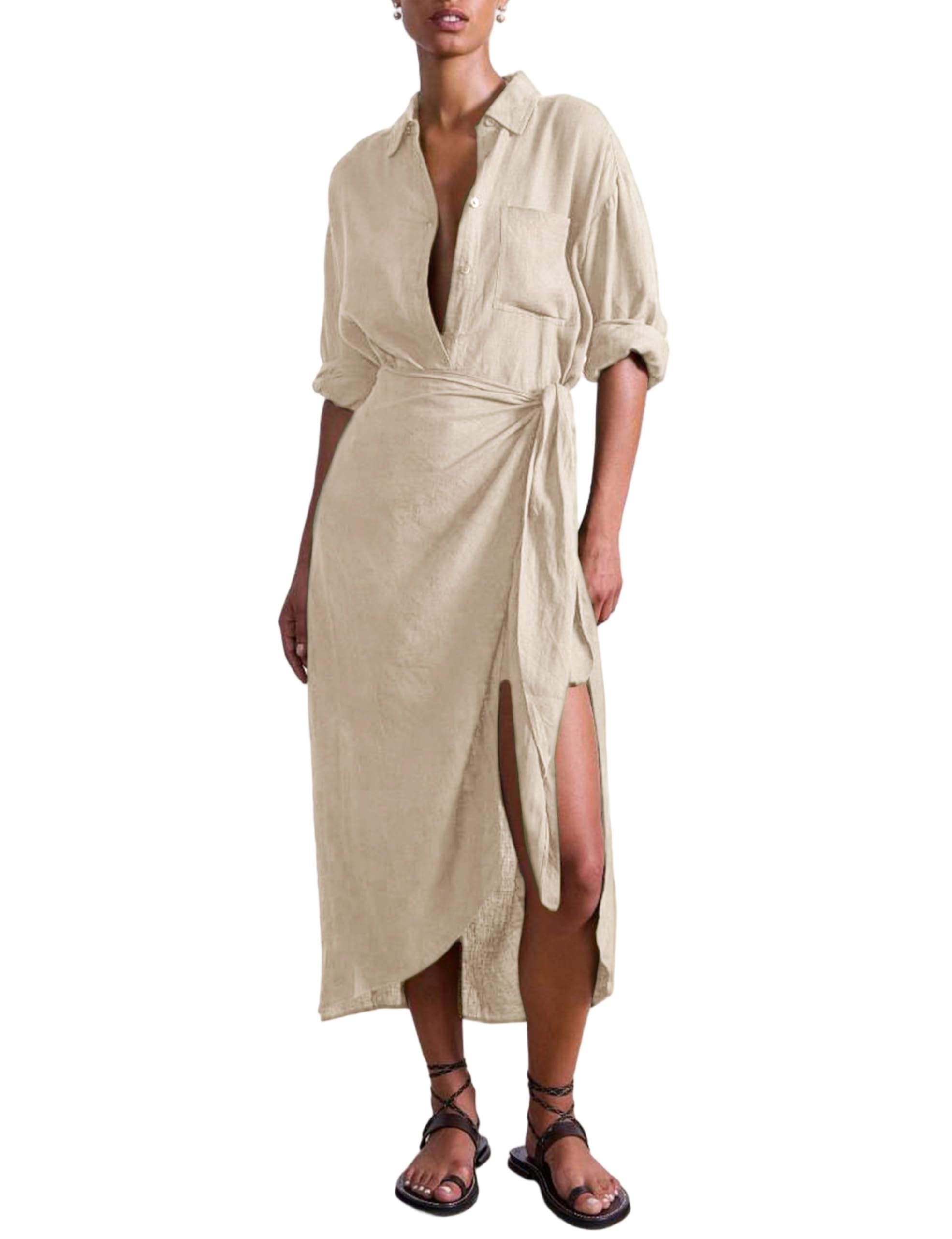 Photo 1 of Yeokou Women Cotton Linen Wrap Shirt Maxi Dress Button Down Long Sleeve Lapel Asym Slit Hem Sundress(Khaki-XS)