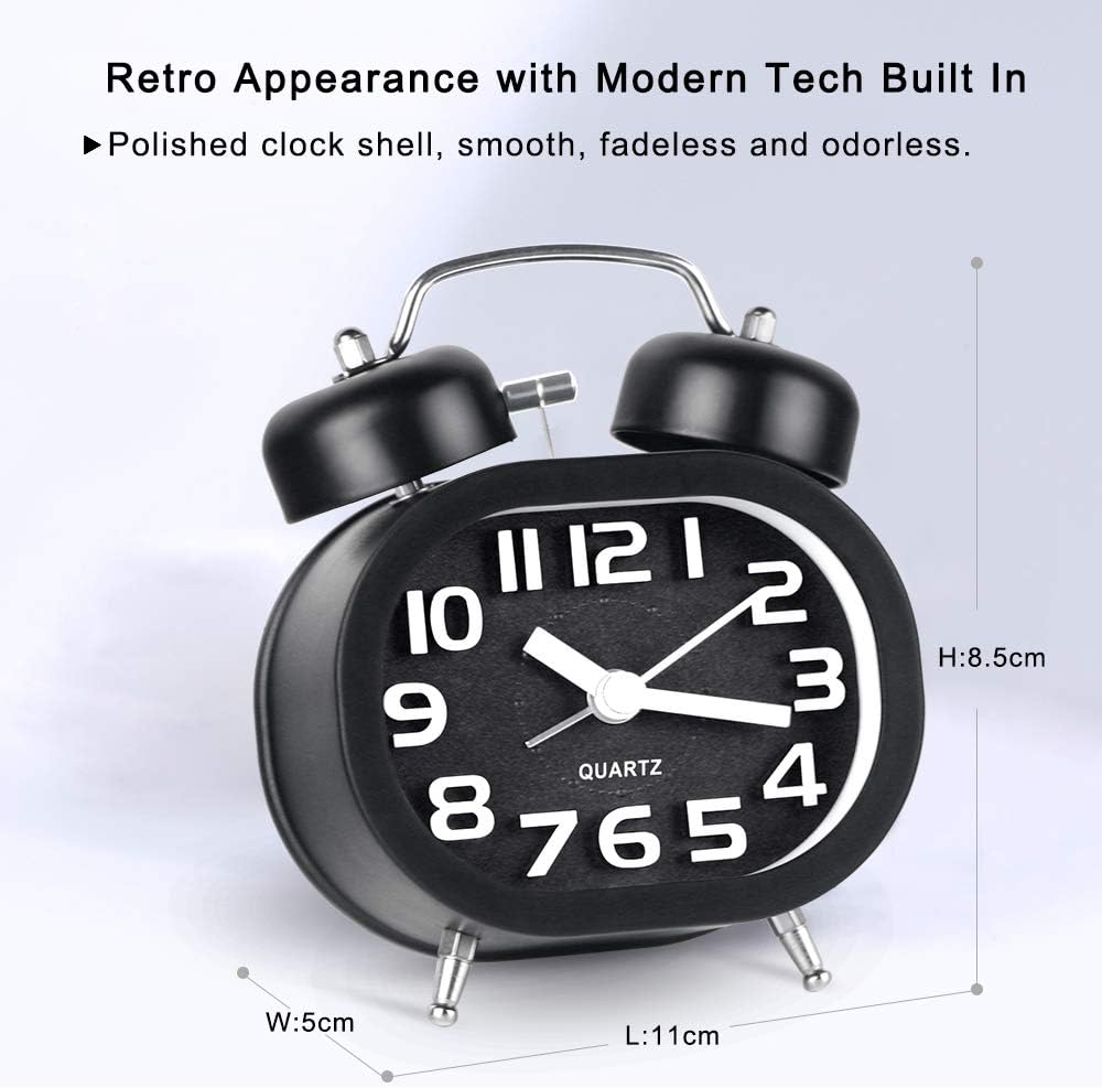 Tisaika Alarm Clock Battery Powered Twin Bell Retro Vintage Silent Non Ticking Bedside Clocks Loud Alarm with Night Light for Bedroom - Image 3