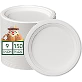 JOLLY CHEF 100% Compostable Paper Plates, 150 Pack 9 Inch Heavy Duty Plates, Disposable Biodegradable Eco-Friendly Sugarcane, Bulk White