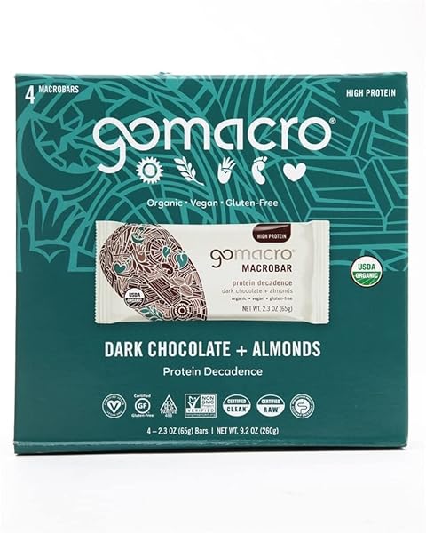 GOMACRO – ORGANIC MACROBAR PROTEIN DECADENCE DARK CHOCOLATE + ALMONDS – 4 BARS