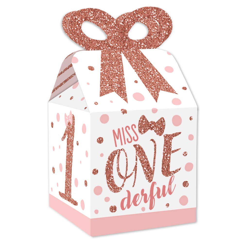 Big Dot of Happiness 1st Birthday Little Miss Onederful - Square Favours Gift Boxes - Girl First Birthday Party Bow Boxes - Set of 12