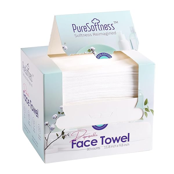 PURESOFTNESS LUXURIOUSLY SOFT DISPOSABLE FACE TOWEL, 100% COTTON, EXTRA LARGE 12″ X 10″ ULTRA SOFT DRY WIPE FOR FACE WASH, MAKEUP REMOVER, BIO-BASED TOWELETTE FOR SENSITIVE SKIN 80 COUNT (1 PACK)