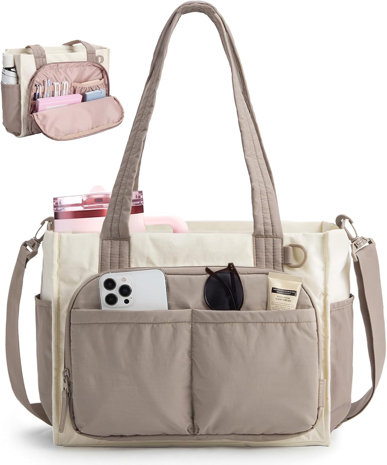 BAGSMART Tote Bag for Women Work, Puffy Travel Tote Handbag Gift for Teacher & Nurse | Medium-13" laptop, w/ 30oz cup holder, Large-15.6" laptop, w/ 40oz cup holder, For campus, work, travel, everyday
