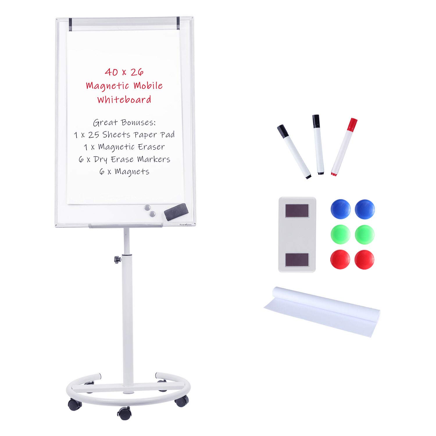 Magnetic Rolling Whiteboard Dry-Erase White-Board - 40 x 26 Inches Portable Mobile Whiteboard Flip Chart Easel Stand with 25 Sheets Paper Pad