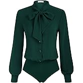 Kate Kasin Women Bow Tie Neck Office Blouse Button Down Long Sleeve Bodysuits Blouse Top