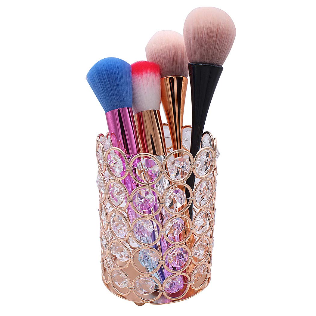 SIPLIV Makeup Brush Holders Pen Holder Handcrafted Crystal Eyebrow Pencil Pen Collection Cosmetic Storage for Vanity Bathroom Office Desk Organizer - Round, Gold