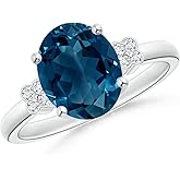 Angara Natural London Blue Topaz Ring for Women | Oval London Blue Topaz Ring with Diamond Floral Accents in 14K Solid Gold/Platinum | December Birthday, Gemstone Jewellery Gift