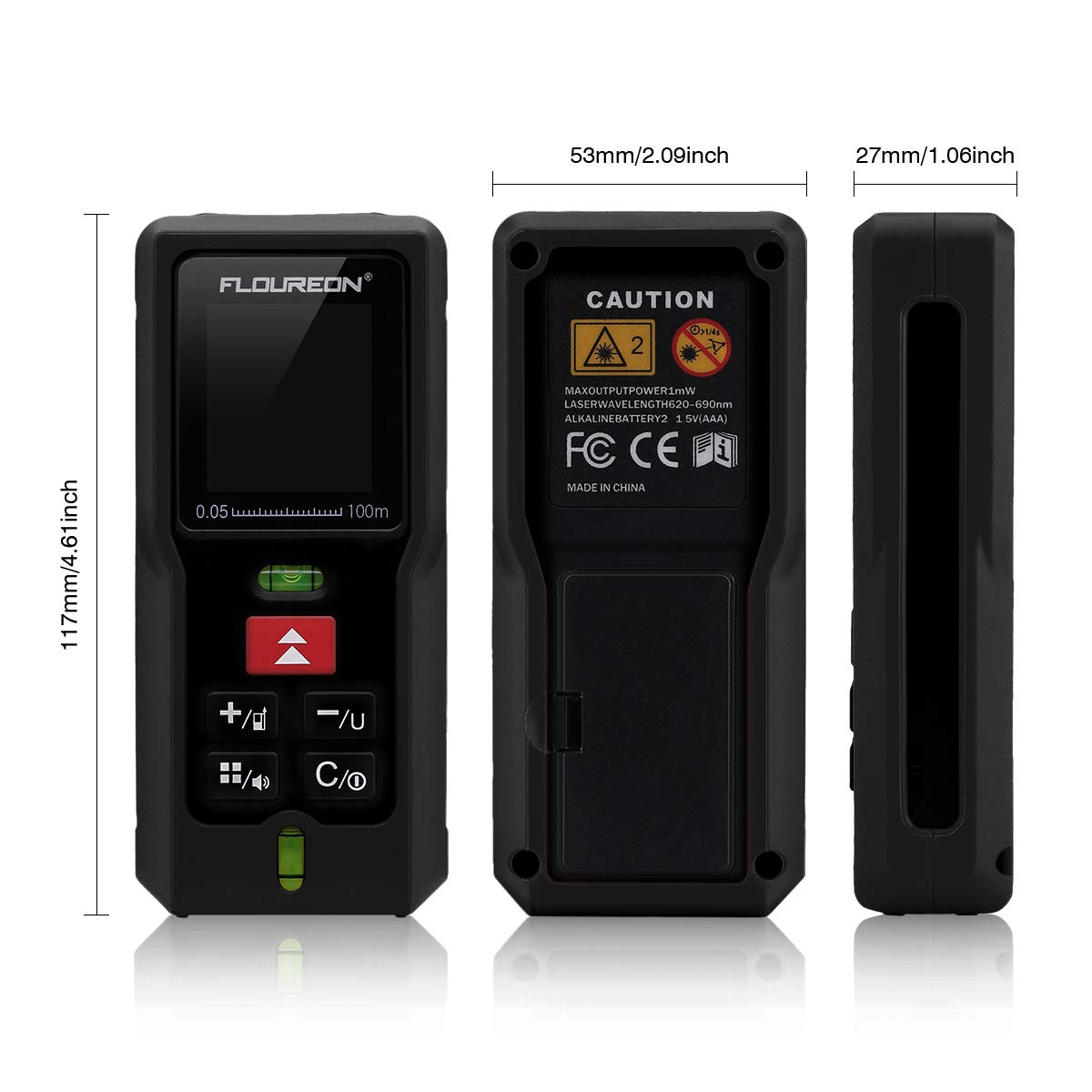 FLOUREON Laser Distance Meter 100m/328ft with 2 Bubble Level High-Precision Laser Measure Device for Measuring Length, Area, Volume Pythagorean with Backlight LCD Display (Battery Included)