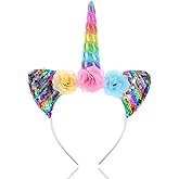 OIUUBBII Unicorn Sparkly Headband with Horn & Sequins Ears Flower Headband for Birthday Christmas Halloween Hair Accessories