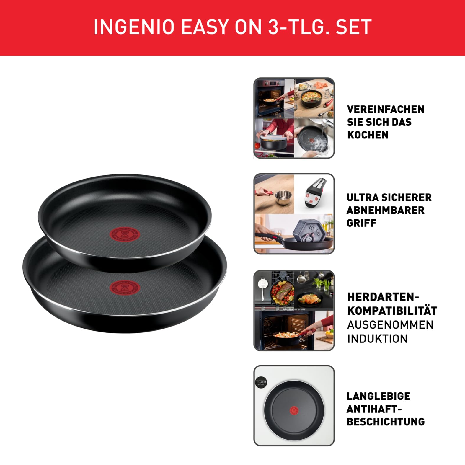 Tefal Ingenio Easy On 3-teiliges Pfannenset abnehmbarer Griff, 24/28 cm, stapelbar, platzsparend, Pfannen mit Antihaftversiegelung, einfache Handhabung und Reinigung, L15993 3