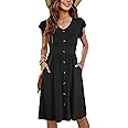 WNEEDU Women Summer Dresses Sleeveless Casual Loose Swing Button Down Midi Dress with Pockets