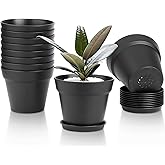 T4U 4 Inch Flower Pots 10-Pack - Small Plastic Planter with Drainage Hole and Saucer, Decorative Nursery Plant Pot Bulk for A