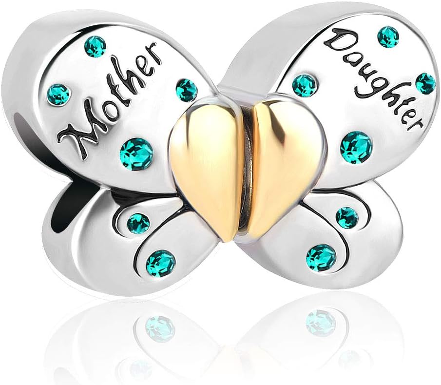 Uniqueen 1Pair Butterfly Mother Daughter Birthstone Crystal Heart Love Charms Beads fit Chamilia Bracelets