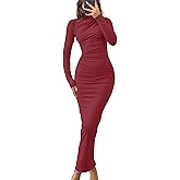 ZESICA Women's Fall 2026 Long Sleeve Bodycon Maxi Dresses Sexy Ruched Crew Neck Slim Fit Cocktail Party Dress