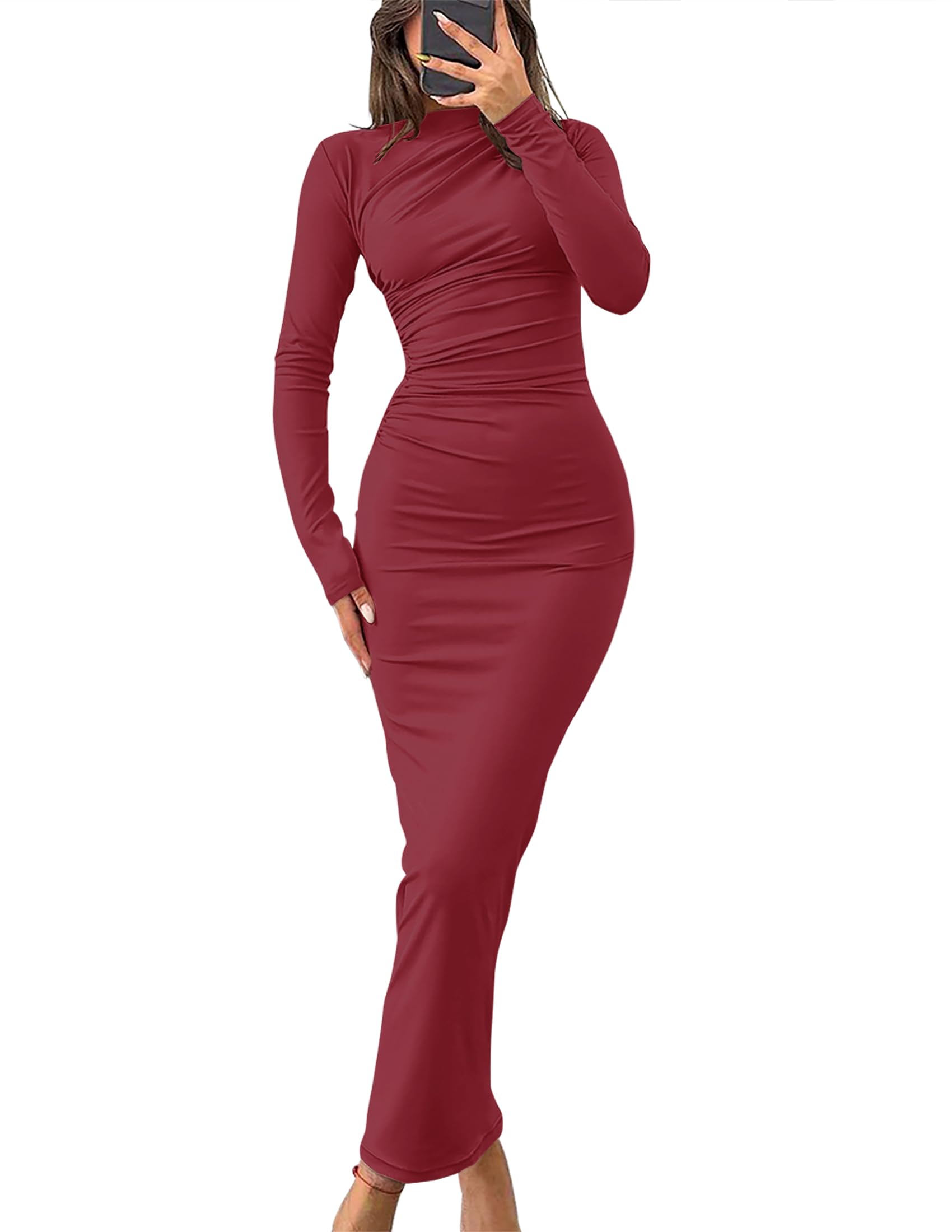 ZESICA Women's Spring Long Sleeve Bodycon Maxi Dresses Sexy Ruched Crew — free download