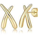 TAKUGI Gold Earrings for Women 14K Gold Stud Earrings Studs Unique X Geometric Design Stud Earring for Women Hypoallergenic 18mm