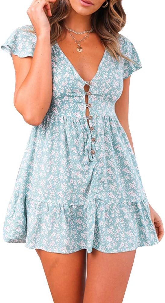 Womens Boho V Neck Dress Floral Print Button Down A line Short Dresses with Ruffle Hem