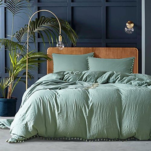 Duvet Cover Set with Zipper Closure Microfiber Bedding Set with Furry Little Balls-3 Piece set (1 Quilt+2 Pillowcase) (QUEEN, GREEN)