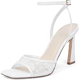 QIY Strappy Heels for Women Heeled Sandals Square Toe Heel Ankle Strap Stiletto Mesh High Heels Dress Shoes