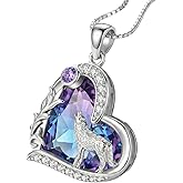 Howling Wolf Necklace with Pink Purple Heart Stone Wolf Pendant Jewelry Gifts for Women Wolf's Necklaces Birthday Gift for Her Wolves Lovers Charm Women's Pendant
