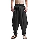 CLANMILUMS Men's Cotton Harem Pants Casual Loose Hippie Drop Crotch Trouser