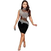 PORRCEY Women's Hot Drilling Craft Sexy Long Sleeve Mesh See Through Party Club Night Rhinestone Dress