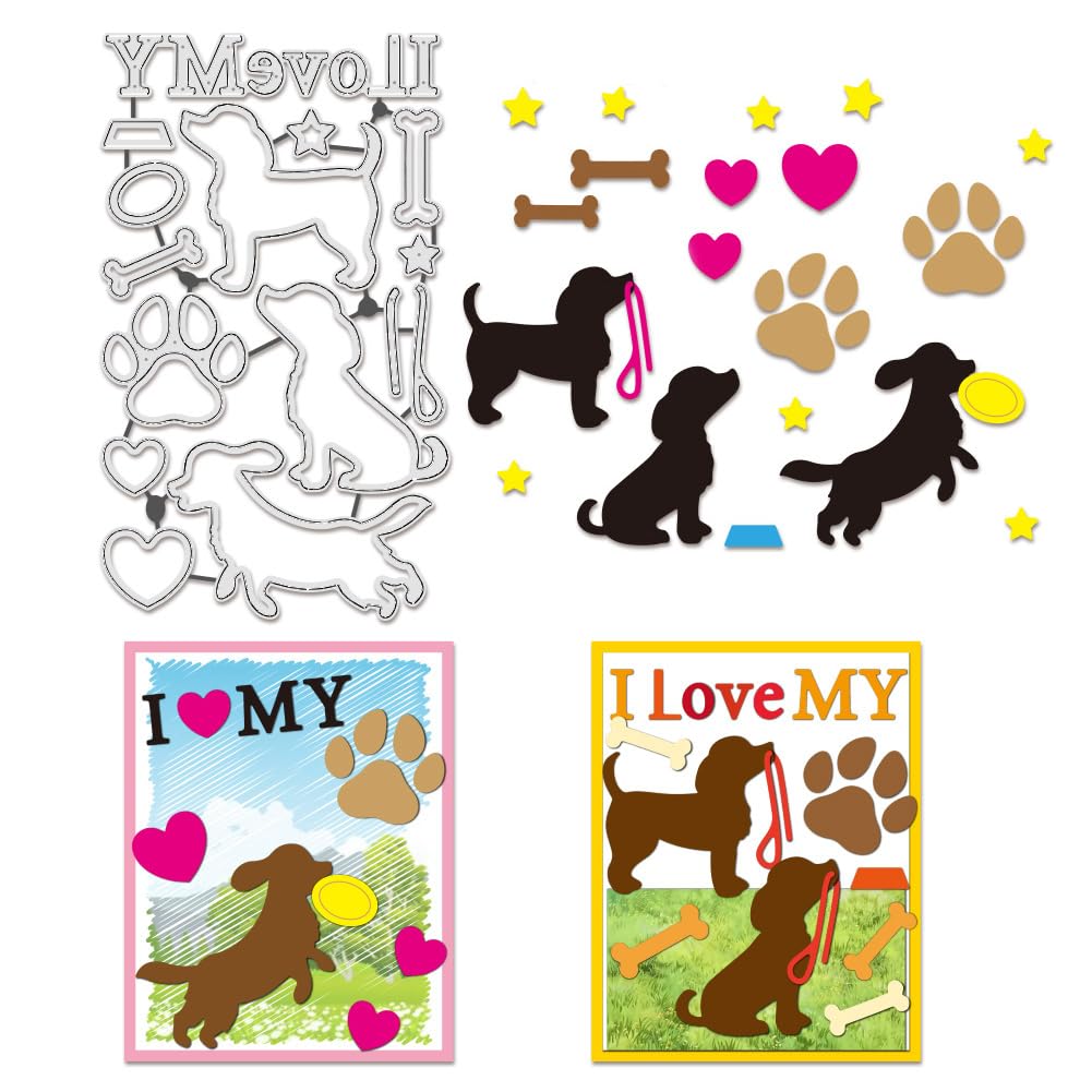 BENECREAT Dog Cutting Dies, I love My Dogs Die Cut Decorative Embossing Stencils for Scrapbooking, Photo Album, Greeting Card Making, 10.6x18cm, 0.8mm Thick