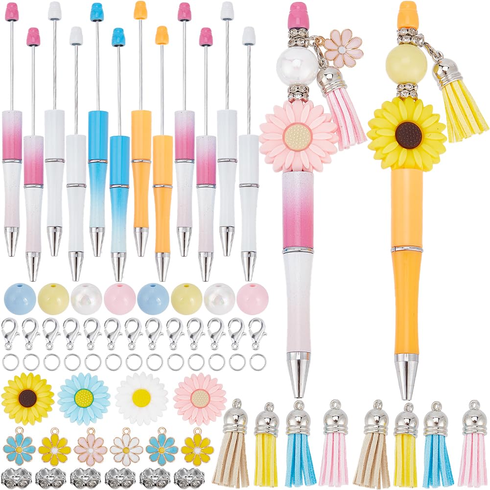 SUNNYCLUE DIY 8 Sets Flower Beaded Pens Making Kit Beadable Pens Beaded Pen Flowers Silicone Beads Pen Black Ink Ballpoint Beading Bulk for Teachers Students Nurses Gifts Office School Craft