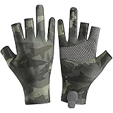 Camo Ice Silk Fishing Gloves for Men Women, 3 Finger Cut Anti-Slip Kayaking Sea Fishing Gloves, UPF 50+ Sun UV Protection Fingerless Gloves for Paddling, Rowing, Canoeing, Hunting