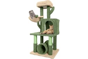 CAPHAUS Cactus Cat Tower for Indoor Cats, Cute 40-Inch Small Cactus Cat Tree w/Widened Perch for Large Cats & Kittens, Multi-Level Cat Activity Tree w/Scratching Post, Tunnel, Basket, Cat Cave Condo