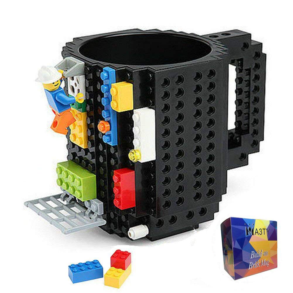MA3TY Build-On Brick Coffee Mug, Funny Cup with DIY Creative Building Blocks Xmas Present, Birthday Novelty Gifts for Father Women Men with 3 Bags Accessories (Black)