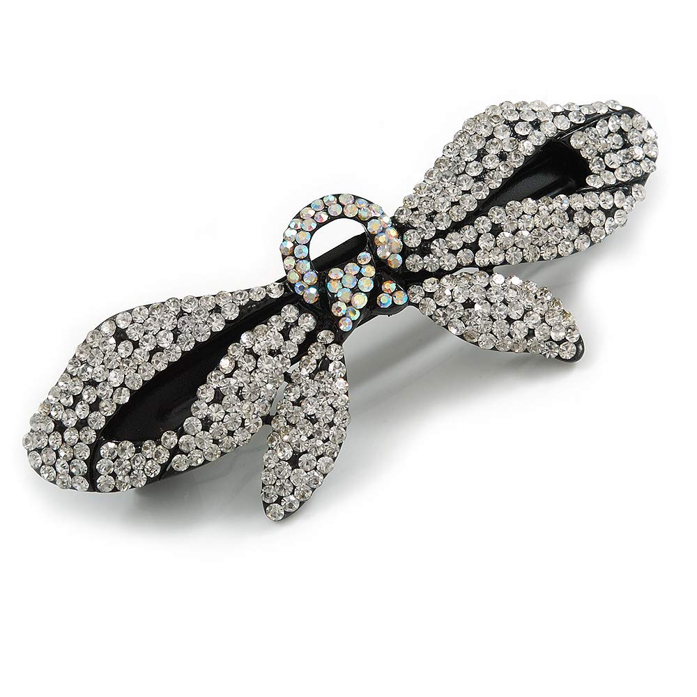Clear/Ab Crystals Bow Barrette Hair Clip Grip In Black Tone - 100mm Across