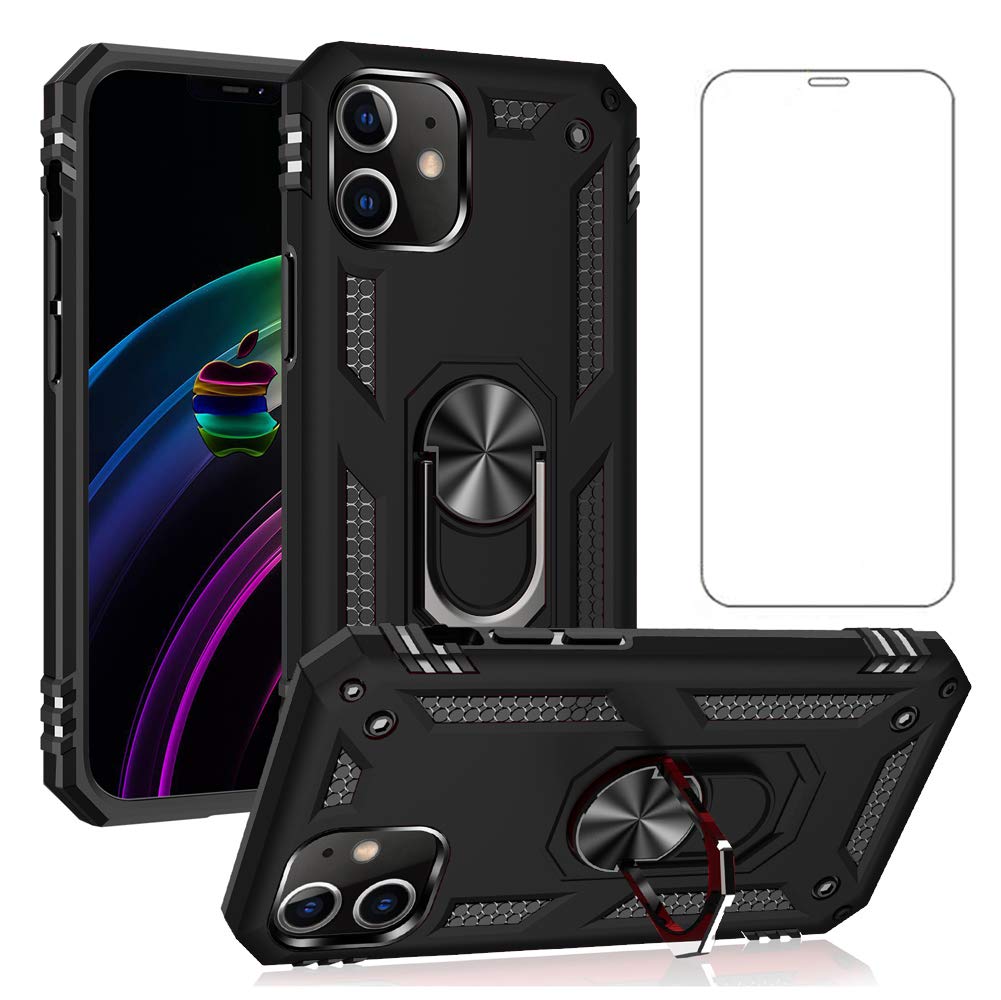 Asuwish Compatible with iPhone 12 Mini Case 5.4 inch and Tempered Glass Screen Protector Magnetic Stand Ring Holder Hard Shockproof Accessories Phone Cases for iPhone12mini i 12s iPhone12 12mini Black — image 1