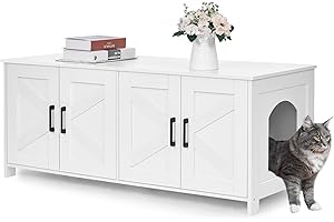 Homhedy Cat Litter Box Enclosure For 2 cats, Litter Box Furniture Hidden with Double Room,Wooden Cat Washroom Furniture,Cat House,47.2”L x 19.7”W x 19.7”H,White