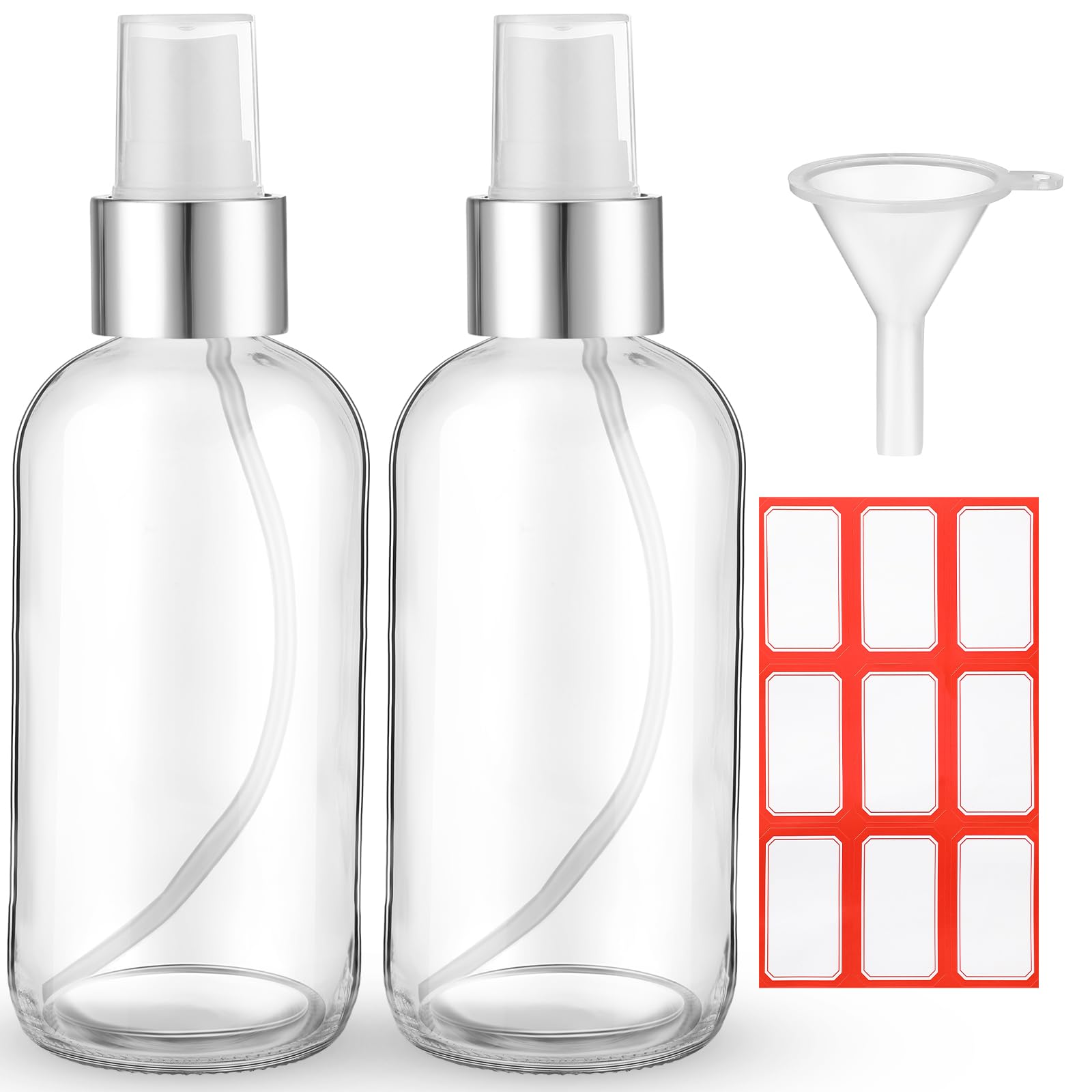 Photo 1 of Fumete 2 Pack Glass Bottles 4oz Empty Refillable Liquid Containers with 1 Label 1 Funnel for Essential Oils Hair Travel Plants Cleaning Skin Care(Clear, Silver Top,Mist Bottle)