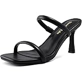 Shoe'N Tale Women's Strappy Heels Kitten Heeled Mules Two Straps Square Open Toe Slip On Sandals